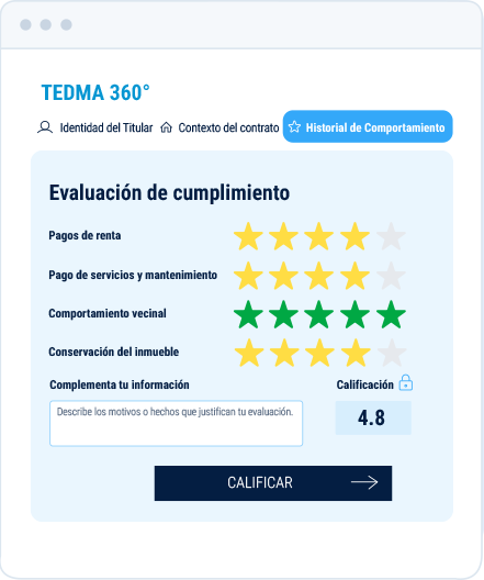 Pantalla real de evaluación del comportamiento del inquilino en TEDMA Score 360°